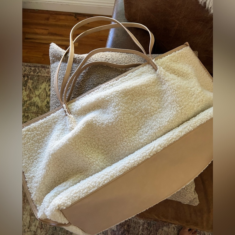 Cream Sherpa Tote Bag with Tan Leather Accents